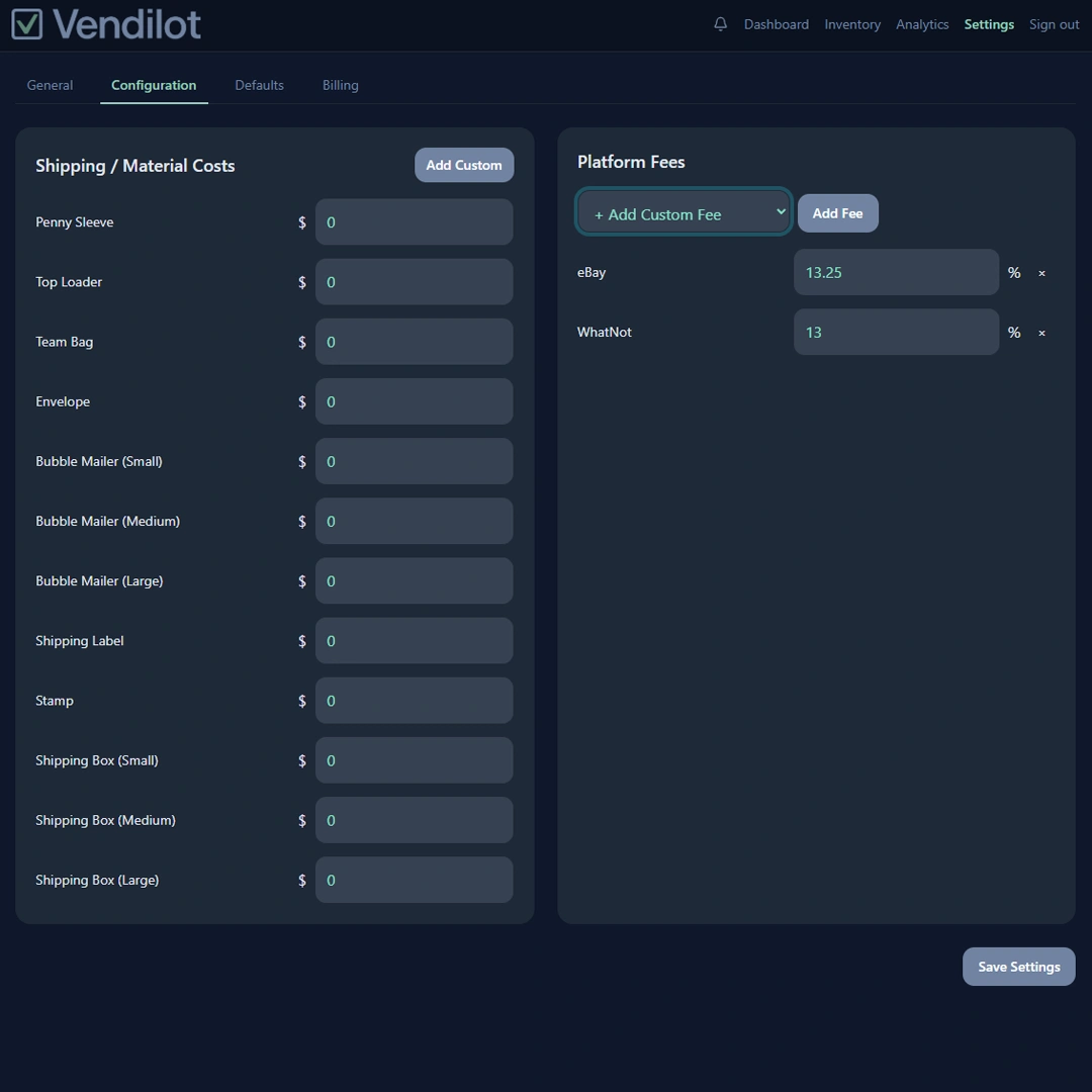 Vendilot Smart Cost Tracking configuration