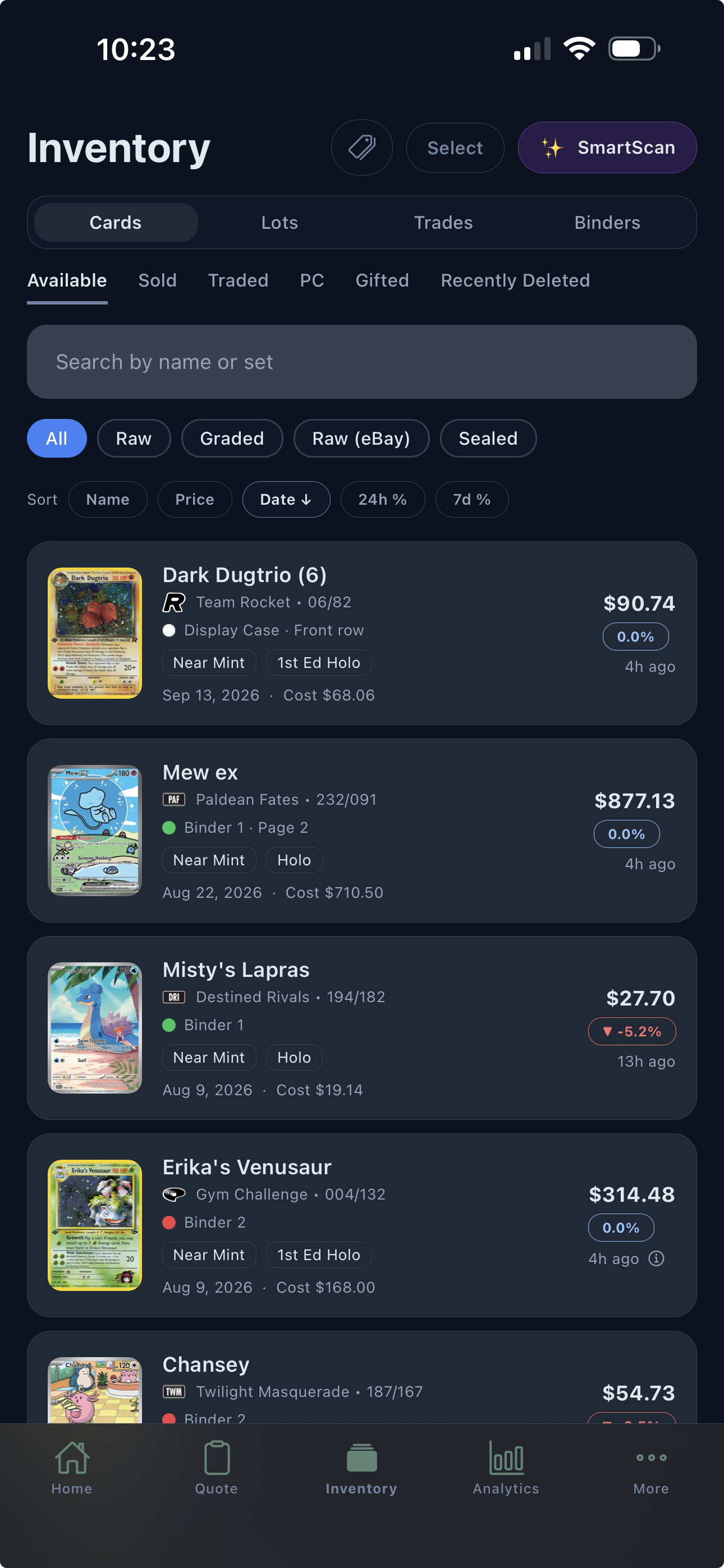 Vendilot mobile inventory showing card prices, original purchase costs, recent price changes, and binder or display-case locations.
